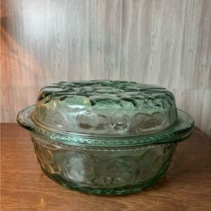 Vintage Libby Orchard Fruit Green Glass Covered Casserole Dish Lid Pie Baking